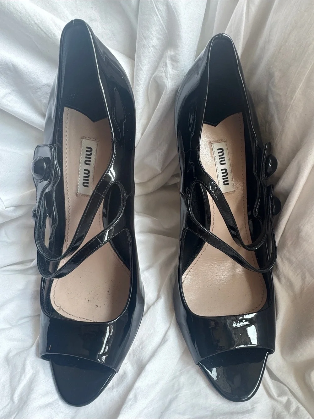 Miu Miu Black Patent Leather Mary Jane Peep-Toe Heels with Double Straps